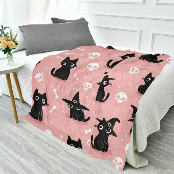 70x55 Inches Glow in The Dark Blanket Cozy Throw Camping Blankets for Home and Outdoor Use Black Cat Wearing A Witch Hat