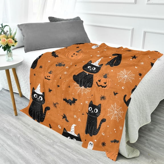 70x55 Inches Glow in The Dark Blanket Cozy Throw Camping Blankets for Home and Outdoor Use Black Cat on Orange Background