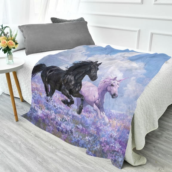 70x55 Inches Glow in The Dark Blanket Cozy Throw Camping Blankets for Home and Outdoor Use Black Horse and Pink Unicorn