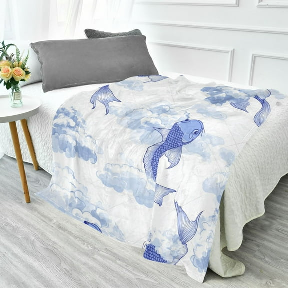 70x55 Inches Glow in The Dark Blanket Cozy Throw Camping Blankets for Home and Outdoor Use Blue Koi Fish