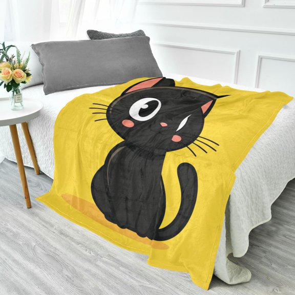 70x55 Inches Glow in The Dark Blanket Cozy Throw Camping Blankets for Home and Outdoor Use Cartoon Black Cat