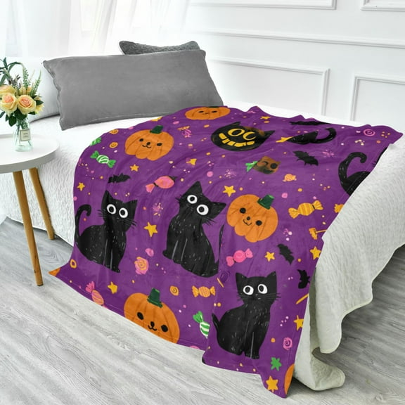 70x55 Inches Glow in The Dark Blanket Cozy Throw Camping Blankets for Home and Outdoor Use Cartoon Black Cats and Pumpkins