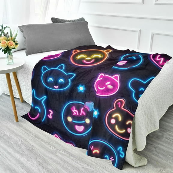 70x55 Inches Glow in The Dark Blanket Cozy Throw Camping Blankets for Home and Outdoor Use Cartoon Smiling Faces