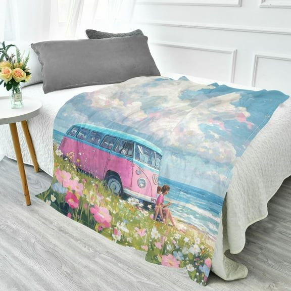 70x55 Inches Glow in The Dark Blanket Cozy Throw Camping Blankets for Home and Outdoor Use Cartoon-style Retro Bus