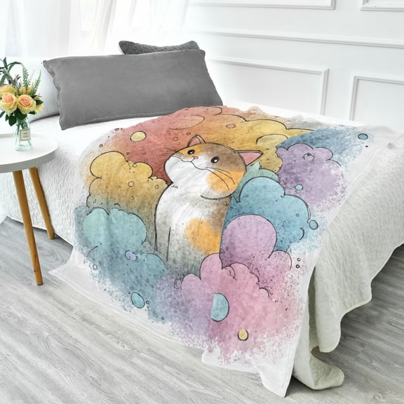 70x55 Inches Glow in The Dark Blanket Cozy Throw Camping Blankets for Home and Outdoor Use Cat and Colorful Clouds