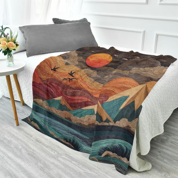 70x55 Inches Glow in The Dark Blanket Cozy Throw Camping Blankets for Home and Outdoor Use Colorful Clouds and Mountains