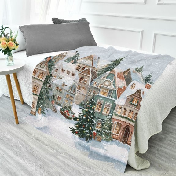 70x55 Inches Glow in The Dark Blanket Cozy Throw Camping Blankets for Home and Outdoor Use Cozy Winter Town with Snow