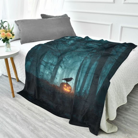 70x55 Inches Glow in The Dark Blanket Cozy Throw Camping Blankets for Home and Outdoor Use Crow Perched on Pumpkin Lantern