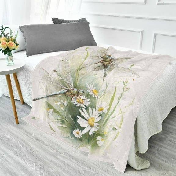 70x55 Inches Glow in The Dark Blanket Cozy Throw Camping Blankets for Home and Outdoor Use Dragonflies with White Daisies