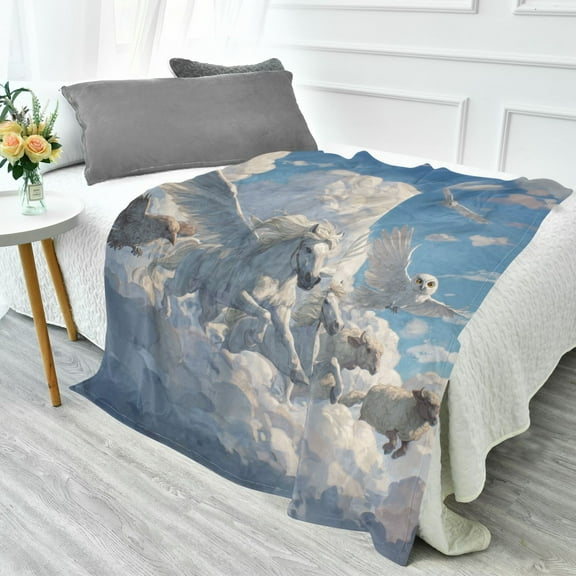 70x55 Inches Glow in The Dark Blanket Cozy Throw Camping Blankets for Home and Outdoor Use Flying Horses and Sheep