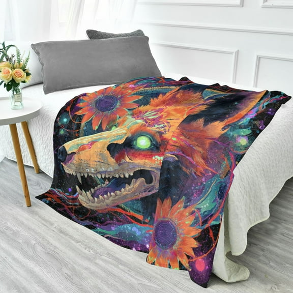 70x55 Inches Glow in The Dark Blanket Cozy Throw Camping Blankets for Home and Outdoor Use Fox Skull