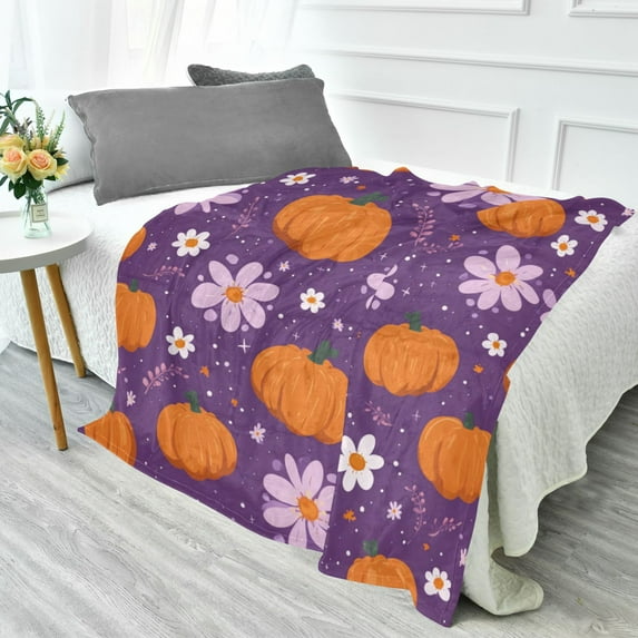 70x55 Inches Glow in The Dark Blanket Cozy Throw Camping Blankets for Home and Outdoor Use Orange Pumpkins and Flowers