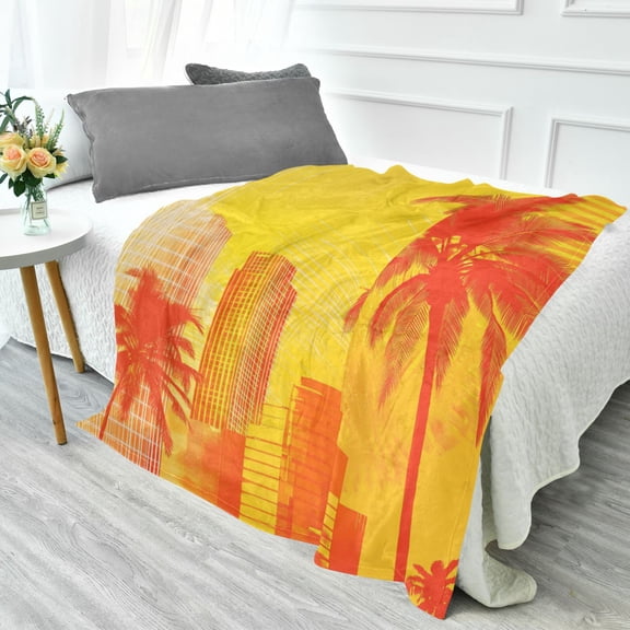 70x55 Inches Glow in The Dark Blanket Cozy Throw Camping Blankets for Home and Outdoor Use Orange Silhouettes Of Buildings