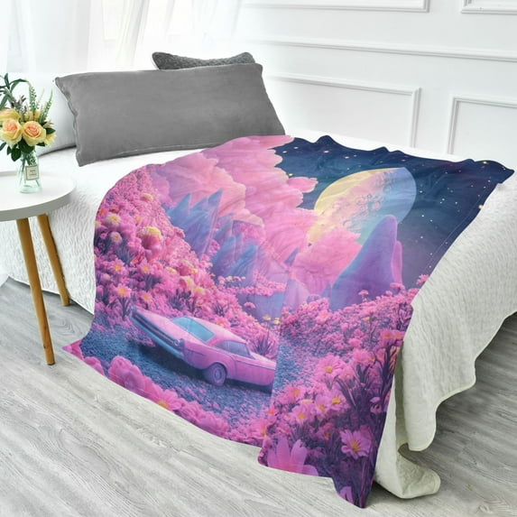 70x55 Inches Glow in The Dark Blanket Cozy Throw Camping Blankets for Home and Outdoor Use Pink Planet with Clouds