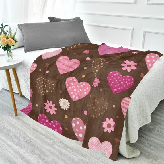 70x55 Inches Glow in The Dark Blanket Cozy Throw Camping Blankets for Home and Outdoor Use Pink and Brown Hearts Pattern