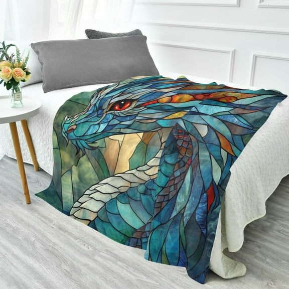 70x55 Inches Glow in The Dark Blanket Cozy Throw Camping Blankets for Home and Outdoor Use Stained Glass Dragon