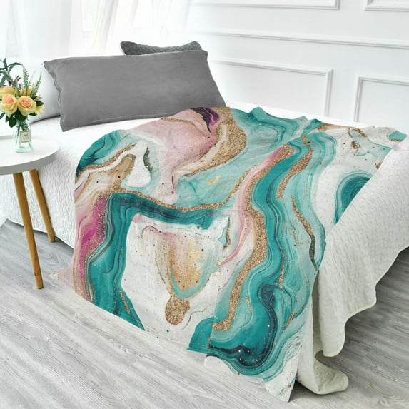 70x55 Inches Glow in The Dark Blanket Cozy Throw Camping Blankets for Home and Outdoor Use Teal Swirling Marble Pattern