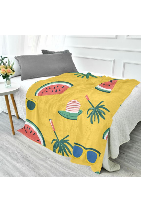 70x55 Inches Glow in The Dark Blanket Cozy Throw Camping Blankets for Home and Outdoor Use Watermelon and Beach Hat