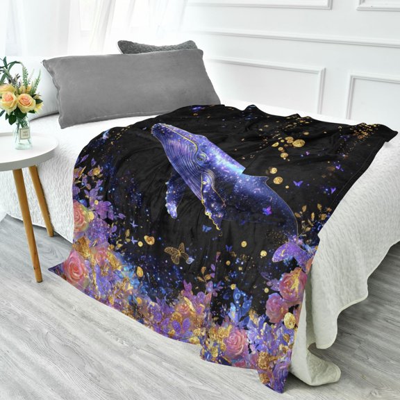 70x55 Inches Glow in The Dark Blanket Cozy Throw Camping Blankets for Home and Outdoor Use Whale and Rose Pattern