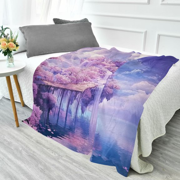 70x55 Inches Glow in The Dark Blanket Cozy Throw Camping Blankets for Home and Outdoor Use White Clouds and Waterfalls
