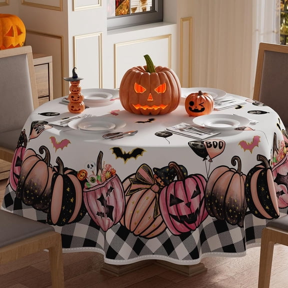 70x70 Inch Round Tablecloth, Pink Spooky Pumpkin Boo Halloween Table Cover Washable for Indoor Outdoor Dining