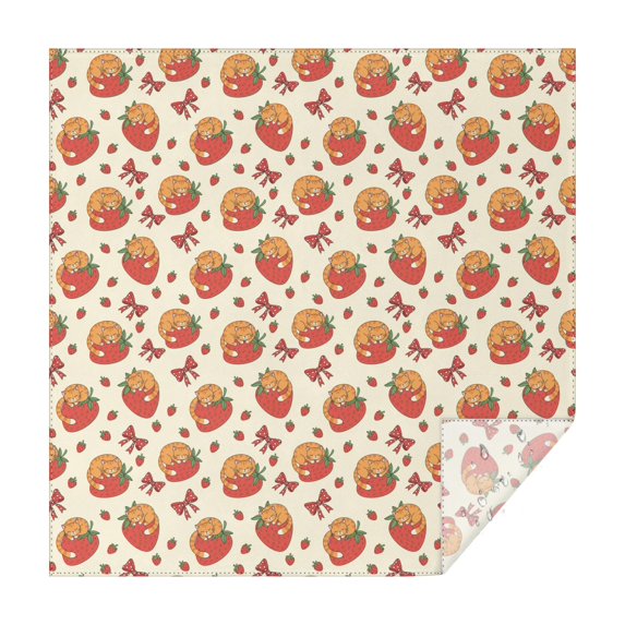 70x70 Inch Square Tablecloth, Thick & Durable, Washable, Fits Square or Round Table, Party, Wedding, Buffet,Cat Strawberry Bow Beige Pattern