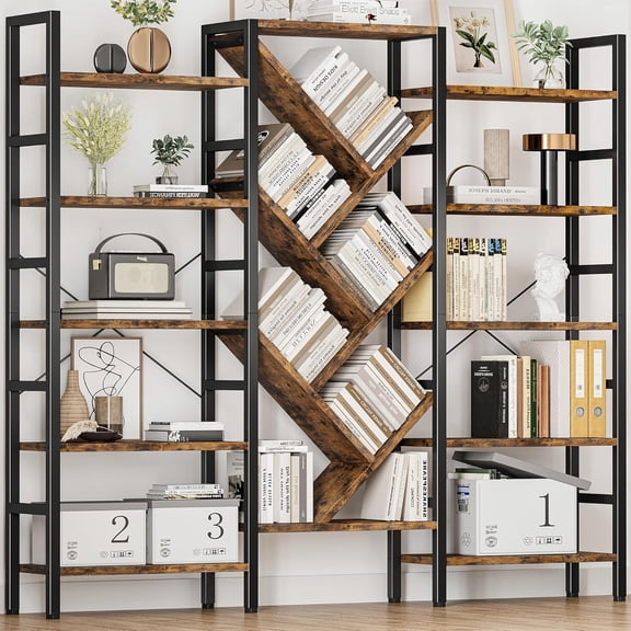 70x70 Triple 5 Tier Book Shelf, Large Wooden Bookcase with 17 Open Display Shelf, Modern Tree Bookshelf Metal Frame Tall Book Case Furniture for Living Room Bedroom Home Office Rustic Brown