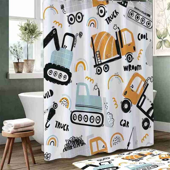 70x70 inch Cartoon Construction Trucks and Rainbow Kids Shower Curtain, Waterproof Polyester Fabric with Hooks for Bathroom Decor