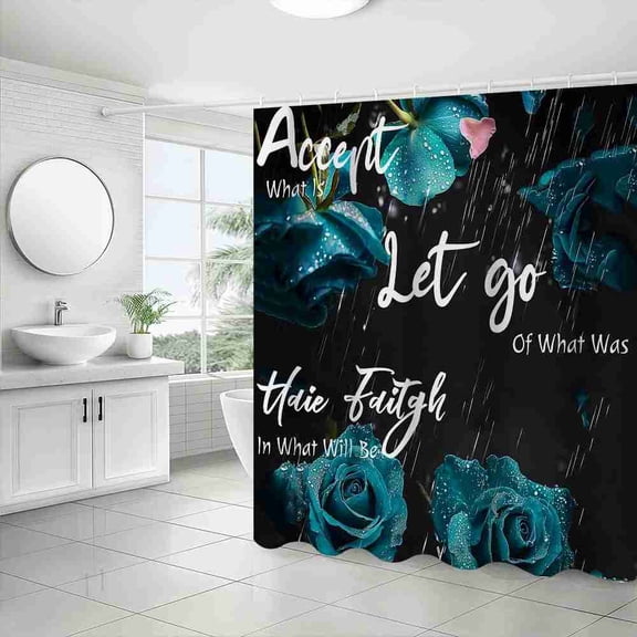 70x70 inch Dark Teal Rose with Rain and Quote Shower Curtain, Waterproof Polyester Fabric with Hooks for Bathroom Decor