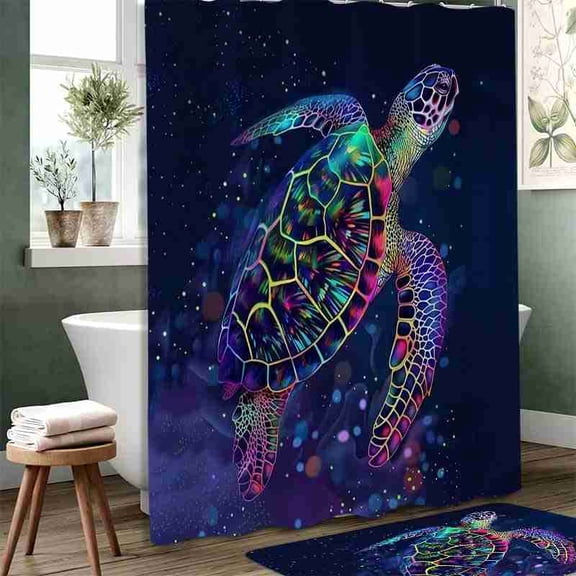70x70 inch Neon Sea Turtle Galaxy Shower Curtain, Waterproof Polyester Fabric with Hooks for Bathroom Decor