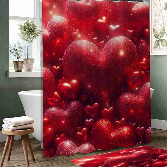 70x70 inch Red Glitter 3D Heart Shower Curtain, Waterproof Polyester Fabric with Hooks for Bathroom Decor