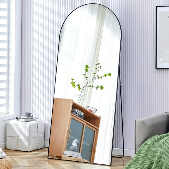 71.0''x31.5''Arched Full Length Mirror, Full Body Floor Mirror Standing Hanging or Leaning Wall, Arch Wall Mirror with Stand Metal Support for Bedroom Cloakroom, Black