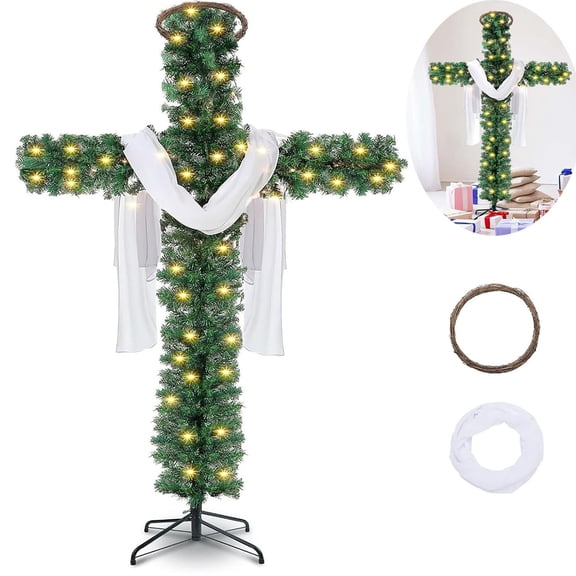 71.1 Inch Christmas Cross Tree Pre-Lit Artificial Pine Christmas Cross with Light String, White Scarf and Wooden Rattan Ring Christmas Decoration Jesus Christ Catholic Cross for Outdoor Home Decor