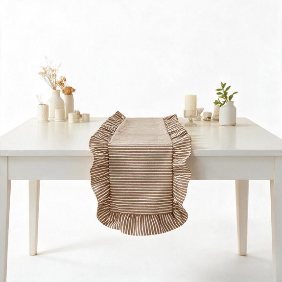 7113.8" Brown Stripe Table Runner, French Country Style, Ruffled Gingham Design, Washed Cotton for Wedding, Party, Dining Table and Home Decor