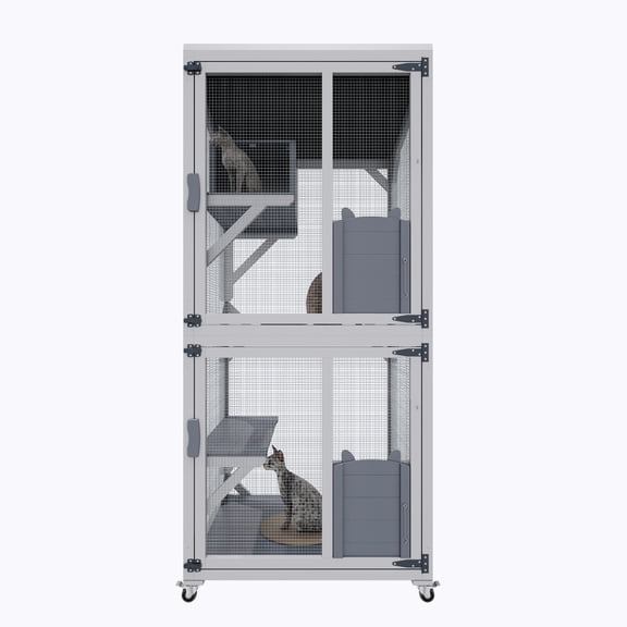 71.2" Gray Outdoor Wooden Catio with Wheels, Multi-Level Cat Cage with Lockable Doors and Removable Tray