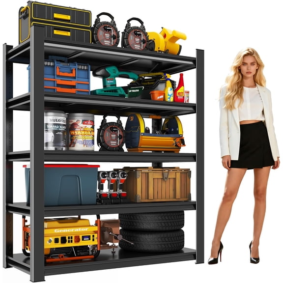 71.2''H Garage Shelving, 3000LBS Heavy Duty Shelvings, Adjustable Garag Storage Shelves, 5 Tier Metal Shelving Unit Wood Storage System Utility Storage Rack for Industrial, Warehouse, Basement