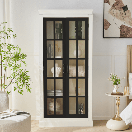 71.2-Inch Curio Cabinet with Glass Doors  Freestanding Farmhouse Storage & Display Cabinet, Features White and Black Grid Windows, Ideal for Hallway, Living Room, Kitchen & Office