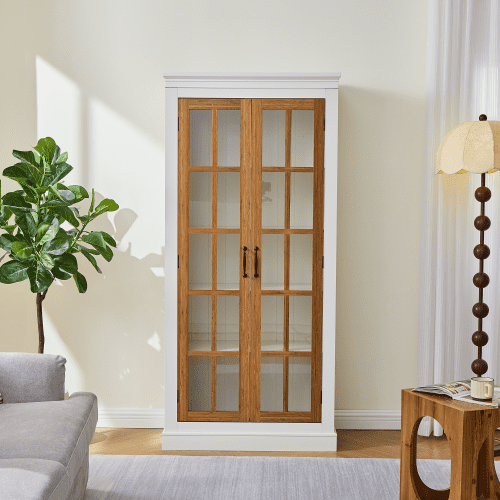 71.2-Inch Farmhouse Display Cabinet  Freestanding Food Cabinet with Glass Doors, Adjustable Shelves & Hallway Grid Windows, Curio Cabinet for Living Room, Kitchen & Office (White and Brown)