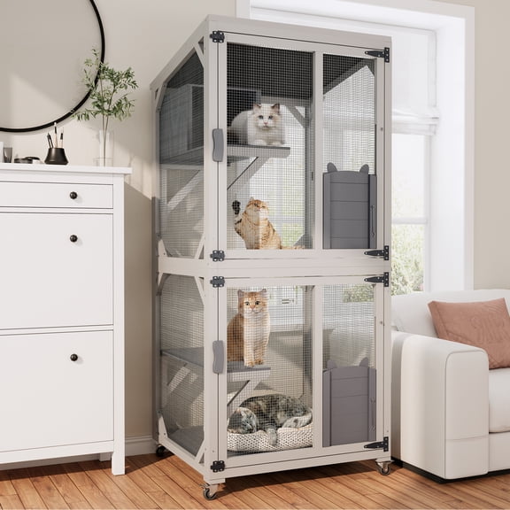 71.2 Inch Large Outdoor Cat Enclosure Catio with Wheels, Multi-Level Wooden Cat Cage, Lockable Doors, Removable PVC Tray, Indoor Outdoor Use