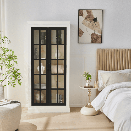 71.2 Inch Tall Display Cabinet With Glass Doors Rustic China Curio Cabinet For Collectibles Figures Trophies White And Black