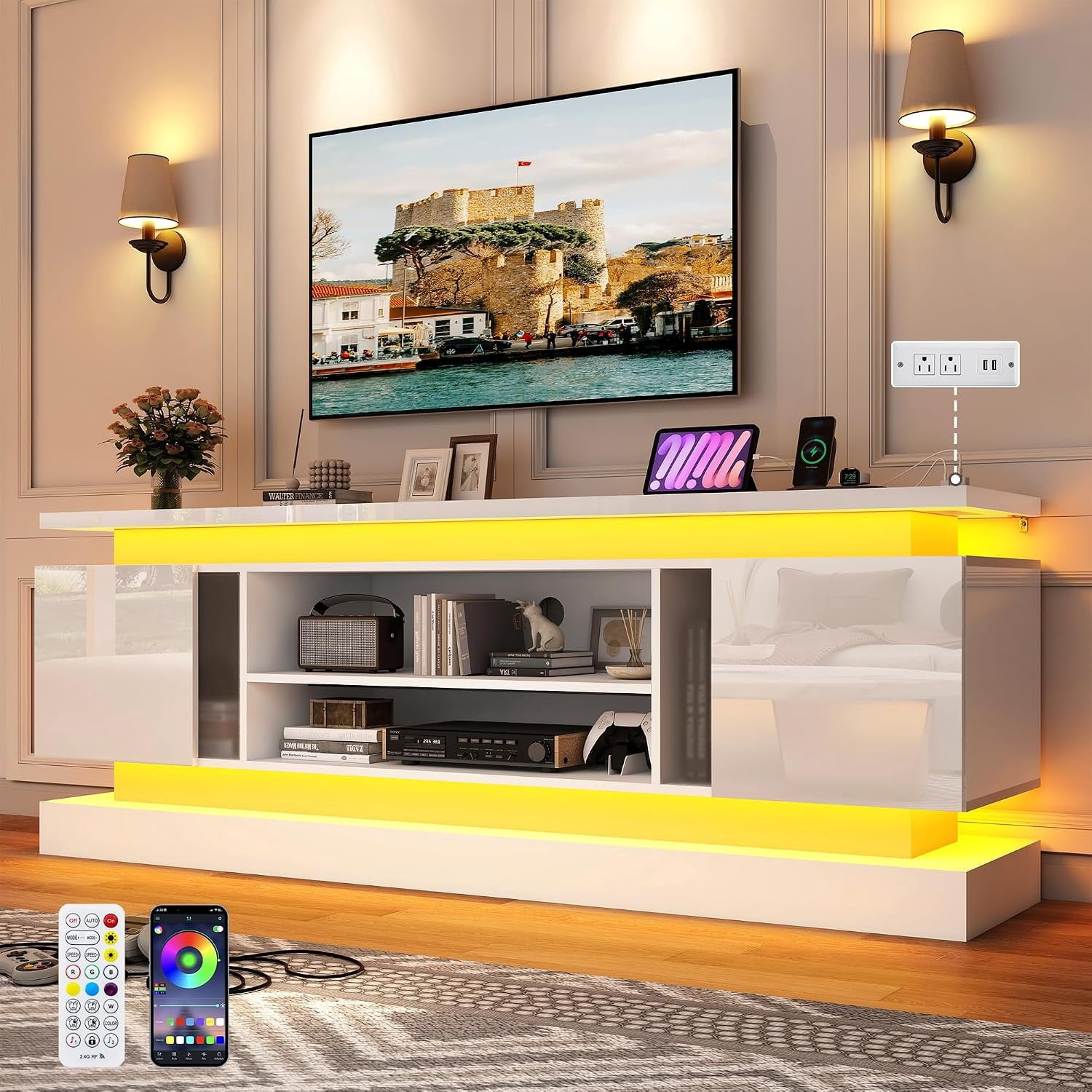 71" 2 LED TV Stand for TVs 85 inch,High Gloss Gaming Tall Entertainment ...