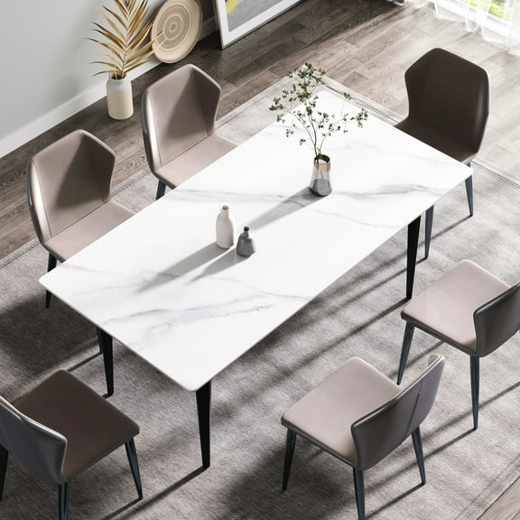 71.2" Modern White Dining Table - Sintered Stone Material, Black Metal Legs, Accommodates 6-8, And , Safe For Daily Use Rectangular 12mm Thick Desktop, High Resistance To Thermal Shock, Stable