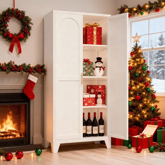 71'' 2 Shapely Door Cabinet With Lock, Metal Storage Cabinet with Doors and Adjustable Shelves, for Kitchen, Bedroom, Living Room(Beige)    RR