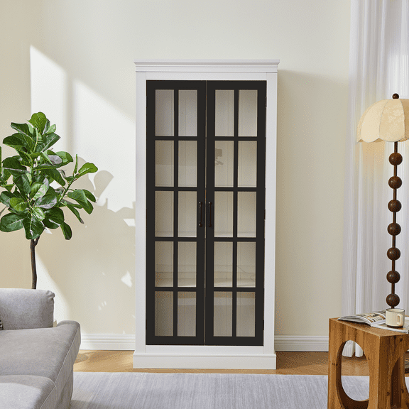 71.2" Tall Display Storage Cabinet with Glass Doors, Coastal 5-tier Bookcase with Adjustable Shelves