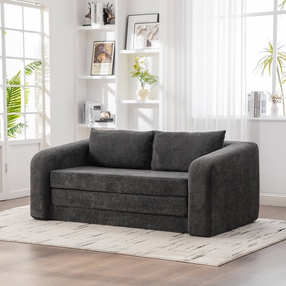 71" 2-in-1 Pull Out Foldable Loveseat Sofa Bed with Armrest & Backrest Pillows, Convertible Chenille Boneless Cloud Floor Mattress Sleeper Lounge Couch for Living Room Bedroom Guestroom Dorm, Gray