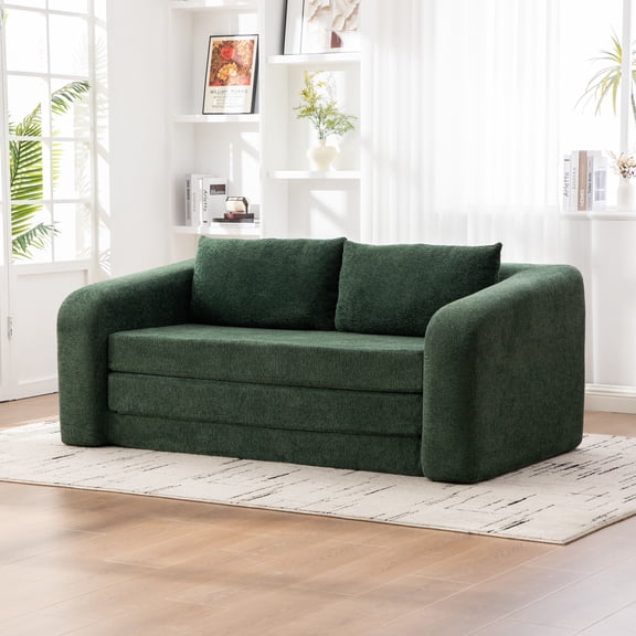 71" 2-in-1 Pull Out Foldable Loveseat Sofa Bed with Armrest & Backrest Pillows, Convertible Chenille Boneless Cloud Floor Mattress Sleeper Lounge Couch for Living Room Bedroom Guestroom Dorm, Green N