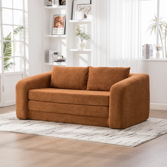71" 2-in-1 Pull Out Foldable Loveseat Sofa Bed with Armrest & Backrest Pillows, Convertible Chenille Boneless Cloud Floor Mattress Sleeper Lounge Couch for Living Room Bedroom Guestroom Dorm, Orange