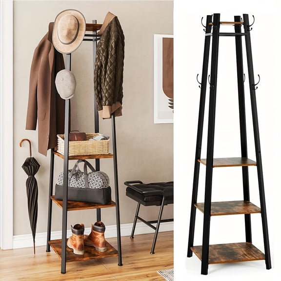 71.3 Inch Industrial Coat Rack Freestanding Hall Tree with 3 Storage Shelves and 8 Dual Hooks, Entryway Clothes Stand Metal Clothes Rack Organizer for Bags Hats and Umbrellas