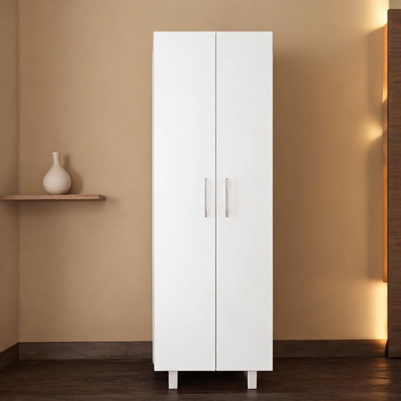 71.3-Inch Tall Pantry Cabinet, Scandinavian Style, White Engineered Wood with Black Hardware