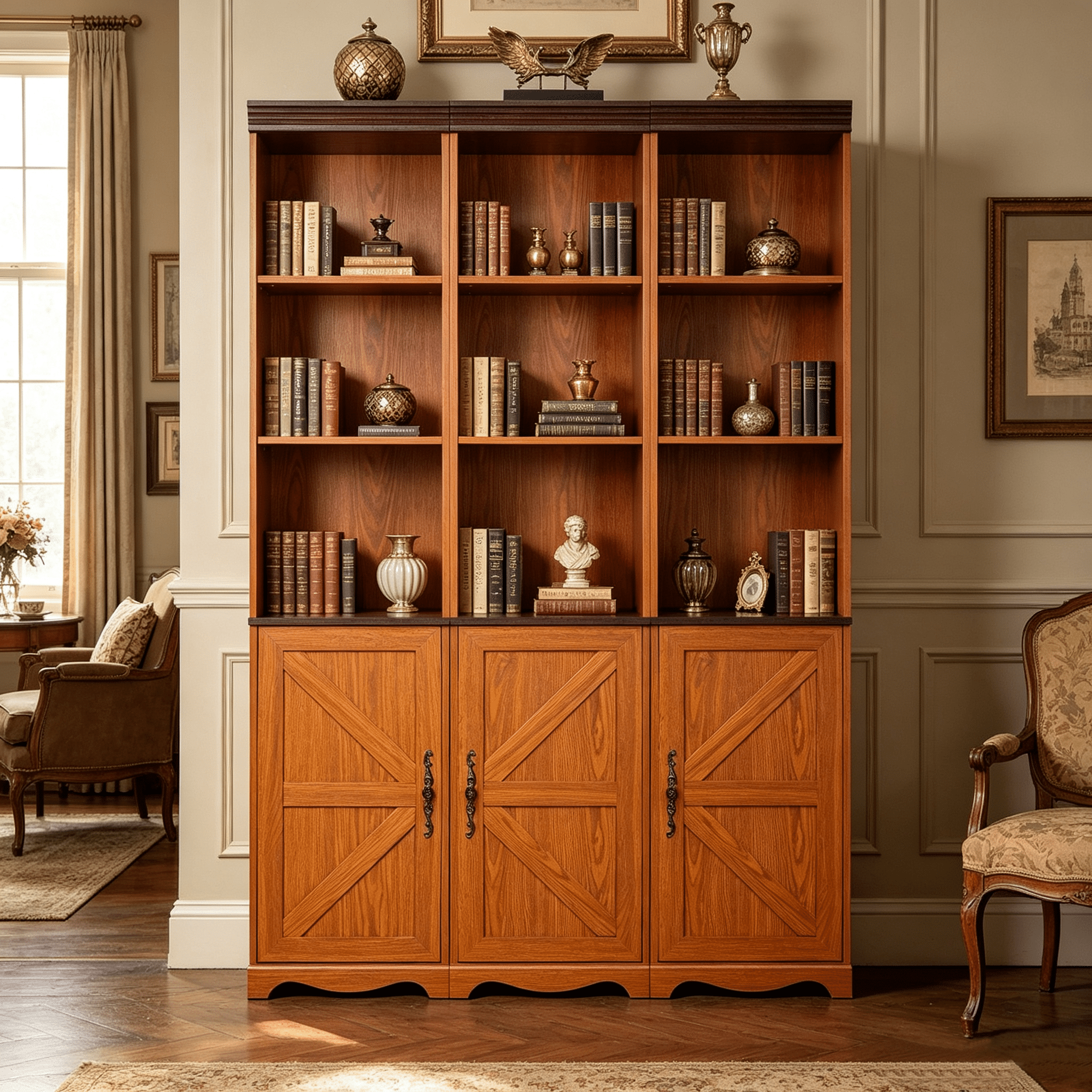 71" 3 Pcs Combined Storage Bookshelf Cabinet, 3 Tier Bookcase with Adjustable Shelf and Closed Cabinets